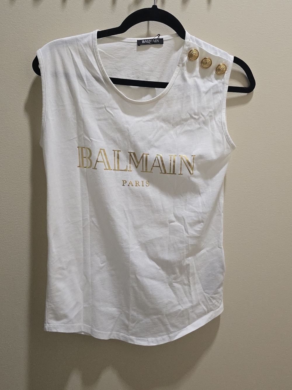 Balmain White Sleeveless Logo Tank with Gold Buttons